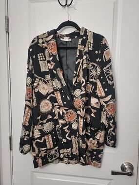 Vintage Black Printed Wrap Blazer Jacket with Neutral Motif